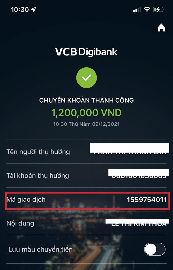 Kiểm tra mã giao dịch ngân hàng Vietcombank( VCB)
